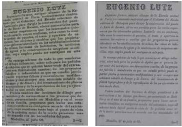 Texto de la publicidad de Eugenio Lutz, fechado el 27 de julio de 1869